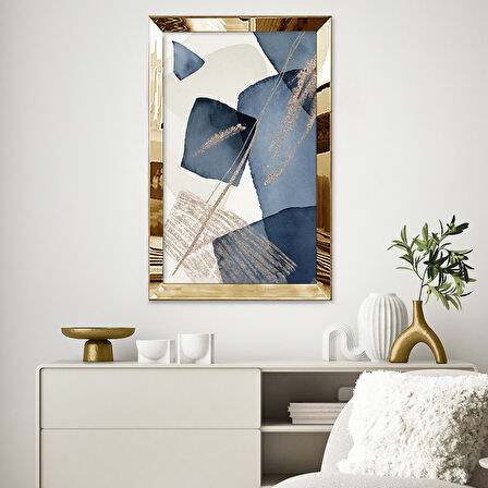 GOLD AYNALI PLEKSİ ÇERÇEVELİ MAVİ ŞEKİLLİ SOYUT TASARIM TABLOSU