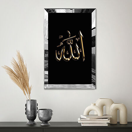 GÜMÜŞ  AYNALI PLEKSİ ÇERÇEVELİ  SİYAH ARKA PLANLI DİNİ ALLAH LAFZI TABLO