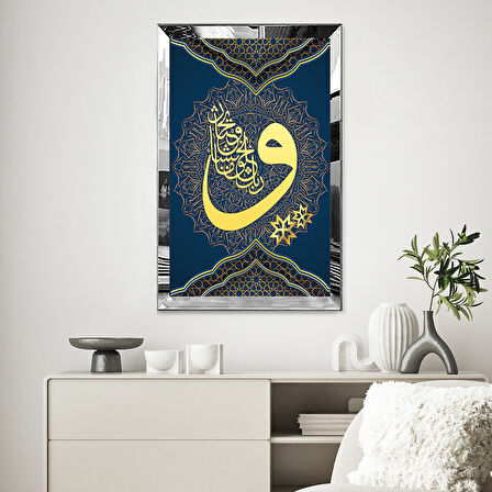 GÜMÜŞ  AYNALI PLEKSİ ÇERÇEVELİ LACİVERT ARKA PLANLI VAV HARFİ DİNİ MOTİFLİ TABLO