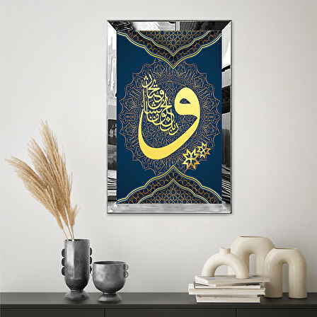 GÜMÜŞ  AYNALI PLEKSİ ÇERÇEVELİ LACİVERT ARKA PLANLI VAV HARFİ DİNİ MOTİFLİ TABLO