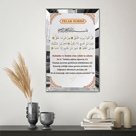 GÜMÜŞ  AYNALI PLEKSİ ÇERÇEVELİ FELAK SURESİ ARAPÇA TÜRKÇE YAZILI TABLO