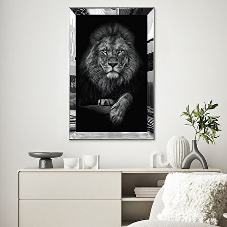 GÜMÜŞ  AYNALI PLEKSİ ÇERÇEVELİ SİYAH BEYAZ ASİL ASLAN TABLOSU