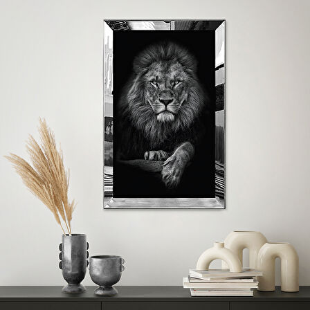 GÜMÜŞ  AYNALI PLEKSİ ÇERÇEVELİ SİYAH BEYAZ ASİL ASLAN TABLOSU