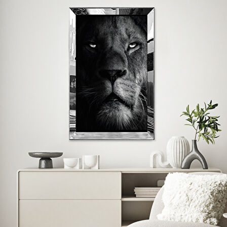 GÜMÜŞ  AYNALI PLEKSİ ÇERÇEVELİ SİYAH BEYAZ YAKIN GÖRÜNTÜ ASLAN TABLOSU