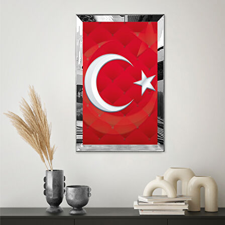 GÜMÜŞ  AYNALI PLEKSİ ÇERÇEVELİ KRIMIZI ARKA PLANLI AY YILDIZ BAYRAK TABLO