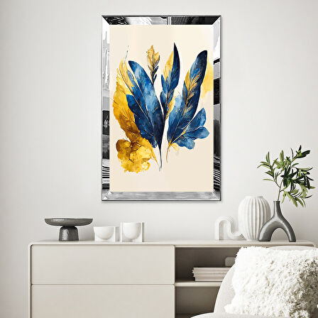 GÜMÜŞ  AYNALI PLEKSİ ÇERÇEVELİ MAVİ SARI TÜY MİNİMALİST GÖRSELLİ TABLO