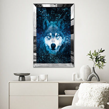 GÜMÜŞ  AYNALI PLEKSİ ÇERÇEVELİ MAVİ GÖZLÜ KURT TABLO