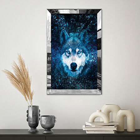 GÜMÜŞ  AYNALI PLEKSİ ÇERÇEVELİ MAVİ GÖZLÜ KURT TABLO