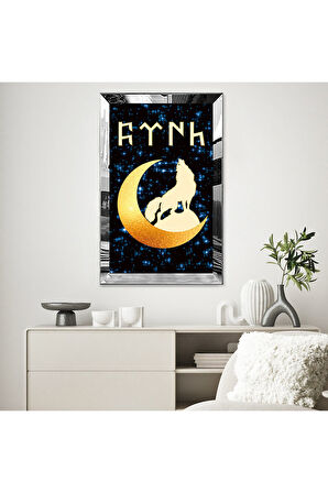 GOLD  AYNALI PLEKSİ ÇERÇEVELİ MAVİ PARILTI GÖRÜNTÜSÜ KURT TABLO