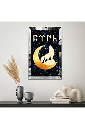 GOLD  AYNALI PLEKSİ ÇERÇEVELİ MAVİ PARILTI GÖRÜNTÜSÜ KURT TABLO