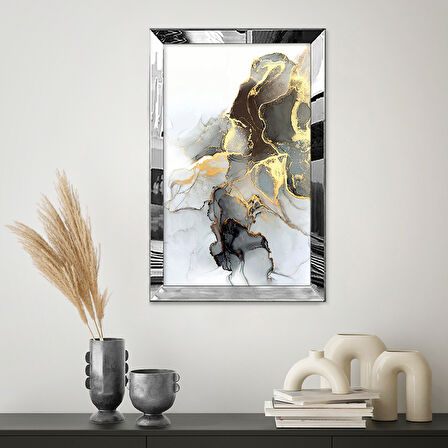 GÜMÜŞ AYNALI PLEKSİ ÇERÇEVELİ MERMER DESENLİ ALTIN TOZU ÇİZİM TASARIM TABLO