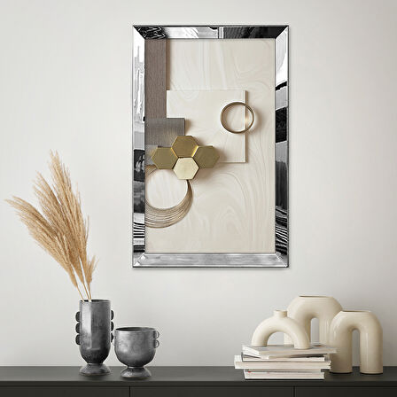 GÜMÜŞ AYNALI PLEKSİ ÇERÇEVELİ NÖTR DÜZENSİZ GRİ ALTIN GEOMETRİK ŞEKİLLİ ÇİZİM TABLO