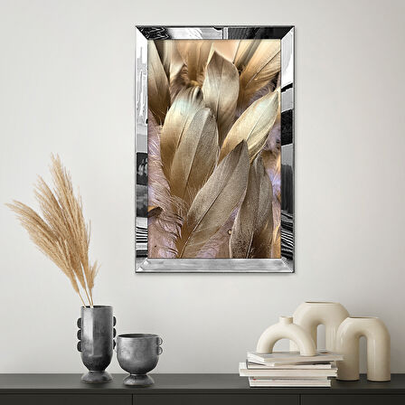 GÜMÜŞ AYNALI PLEKSİ ÇERÇEVELİ MODERN ALTIN SARISI KUŞ TÜYÜ SOYUT ÇİZİM TABLO