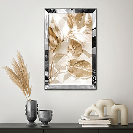 GÜMÜŞ AYNALI PLEKSİ ÇERÇEVELİ MİNİMALİST BEYAZ SARI YAPRAKLI ZARİF SOYUT ÇİZİM TABLO