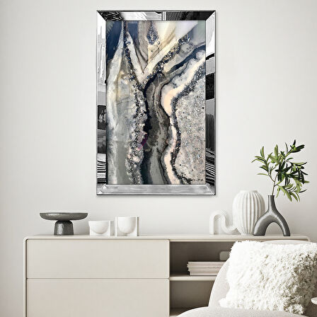 GÜMÜŞ AYNALI PLEKSİ ÇERÇEVELİ MİNİMALİST BEYAZ SİYAH MERMER DESENLİ SOYUT ÇİZİM TABLO