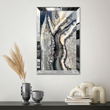 GÜMÜŞ AYNALI PLEKSİ ÇERÇEVELİ MİNİMALİST BEYAZ SİYAH MERMER DESENLİ SOYUT ÇİZİM TABLO