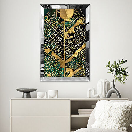 GÜMÜŞ AYNALI PLEKSİ ÇERÇEVELİ MİNİMALİST SİYAH ALTIN SARISI YAPRAK DESENLİ SOYUT ÇİZİM TABLO