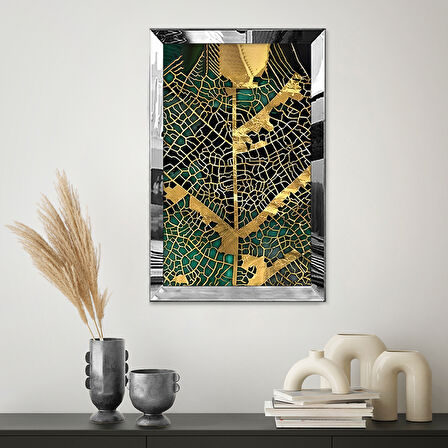 GÜMÜŞ AYNALI PLEKSİ ÇERÇEVELİ MİNİMALİST SİYAH ALTIN SARISI YAPRAK DESENLİ SOYUT ÇİZİM TABLO