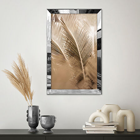 GÜMÜŞ AYNALI PLEKSİ ÇERÇEVELİ MODERN ZARİFALTIN SARISI PALMİYE YAPRAK DESENLİ SOYUT ÇİZİM TABLO