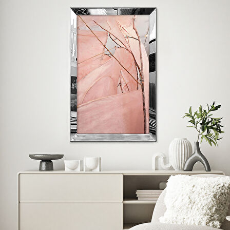 GÜMÜŞ AYNALI PLEKSİ ÇERÇEVELİ MİNİMALİST PEMBE DOĞAL DESENLİ SOYUT ÇİZİM TABLO