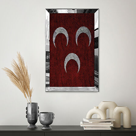 GÜMÜŞ AYNALI PLEKSİ ÇERÇEVELİ MODERN KIRMIZI BEYAZ HİLAL AY DESENLİ SOYUT ÇİZİM TABLO
