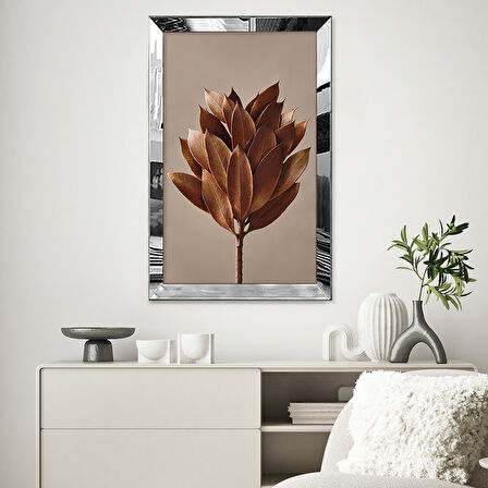 GÜMÜŞ AYNALI PLEKSİ ÇERÇEVELİ KOLAJ TURUNCU YAPRAK DESENLİ ÇİZİM TABLO