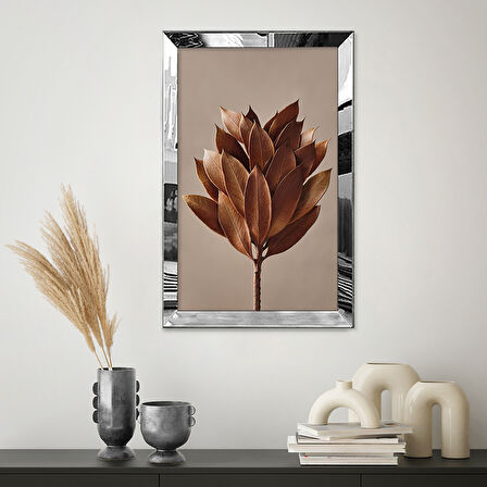 GÜMÜŞ AYNALI PLEKSİ ÇERÇEVELİ KOLAJ TURUNCU YAPRAK DESENLİ ÇİZİM TABLO