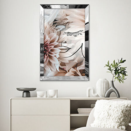 GÜMÜŞ AYNALI PLEKSİ ÇERÇEVELİ MODERN ÇİÇEKLİ PEMBE SURETLİ SOYUT ÇİZİM TABLO