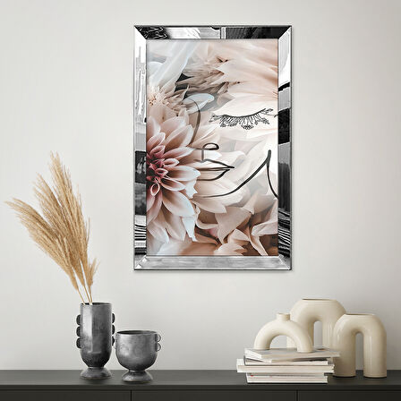 GÜMÜŞ AYNALI PLEKSİ ÇERÇEVELİ MODERN ÇİÇEKLİ PEMBE SURETLİ SOYUT ÇİZİM TABLO