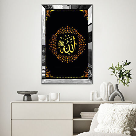 GÜMÜŞ AYNALI PLEKSİ ÇERÇEVELİ ÇİÇEK DESEN ÇERÇEVELİ ALLAH (CC) YAZISI TABLOSU