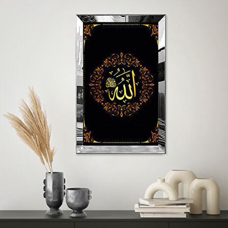 GÜMÜŞ AYNALI PLEKSİ ÇERÇEVELİ ÇİÇEK DESEN ÇERÇEVELİ ALLAH (CC) YAZISI TABLOSU