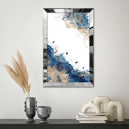 GÜMÜŞ AYNALI PLEKSİ ÇERÇEVELİ MAVİ ARKA PLANLI SOYUT TASARIM TABLOSU