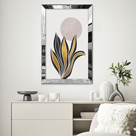 GÜMÜŞ AYNALI PLEKSİ ÇERÇEVELİ ALTIN VE SİYAH MİNİMAL ZARİF YAPRAKLAR TABLOSU