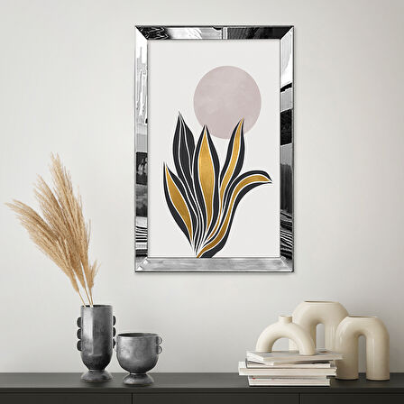 GÜMÜŞ AYNALI PLEKSİ ÇERÇEVELİ ALTIN VE SİYAH MİNİMAL ZARİF YAPRAKLAR TABLOSU