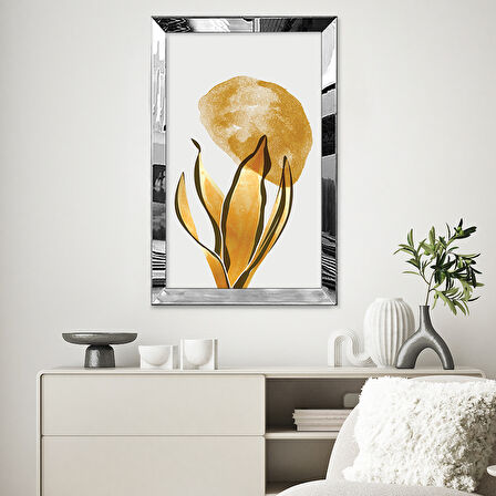 GÜMÜŞ AYNALI PLEKSİ ÇERÇEVELİ MİNİMAL ALTIN RENKLİ YAPRAK TABLOSU