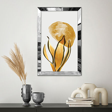 GÜMÜŞ AYNALI PLEKSİ ÇERÇEVELİ MİNİMAL ALTIN RENKLİ YAPRAK TABLOSU