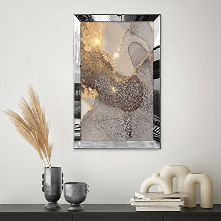 GÜMÜŞ AYNALI PLEKSİ ÇERÇEVELİ MERMER DESENLİ GRİ SOYUT TASARIM TABLOSU