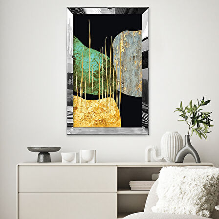 GÜMÜŞ AYNALI PLEKSİ ÇERÇEVELİ ALTIN DESENLİ SOYUT ŞEKİLLER TABLOSU