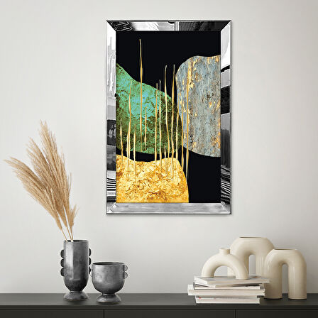 GÜMÜŞ AYNALI PLEKSİ ÇERÇEVELİ ALTIN DESENLİ SOYUT ŞEKİLLER TABLOSU