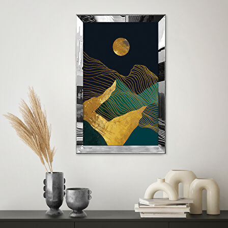 GÜMÜŞ AYNALI PLEKSİ ÇERÇEVELİ ÇİZGİ DESENLİ ALTIN VE YEŞİL MANZARA TASARIMI TABLOSU