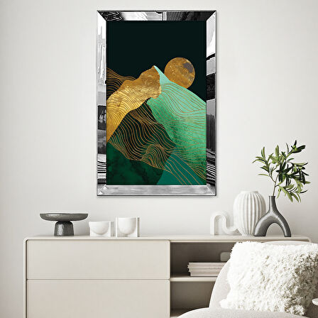 GÜMÜŞ AYNALI PLEKSİ ÇERÇEVELİ ALTIN VE YEŞİL RENKLİ DAĞ MANZARASI VE DOLUNAY TABLOSU