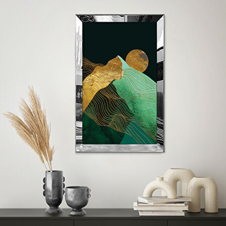 GÜMÜŞ AYNALI PLEKSİ ÇERÇEVELİ ALTIN VE YEŞİL RENKLİ DAĞ MANZARASI VE DOLUNAY TABLOSU