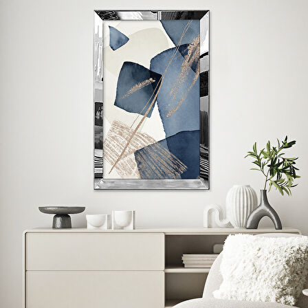 GÜMÜŞ AYNALI PLEKSİ ÇERÇEVELİ MAVİ ŞEKİLLİ SOYUT TASARIM TABLOSU