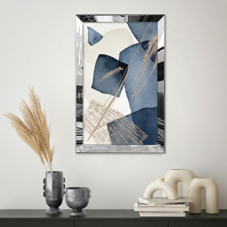 GÜMÜŞ AYNALI PLEKSİ ÇERÇEVELİ MAVİ ŞEKİLLİ SOYUT TASARIM TABLOSU