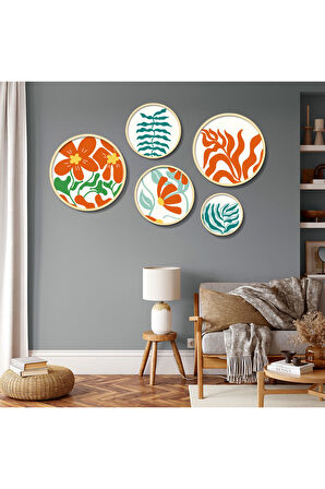Yuvarlak Ahşap Turuncu Yeşil Çiçek ve Bitkiler Tablo Seti