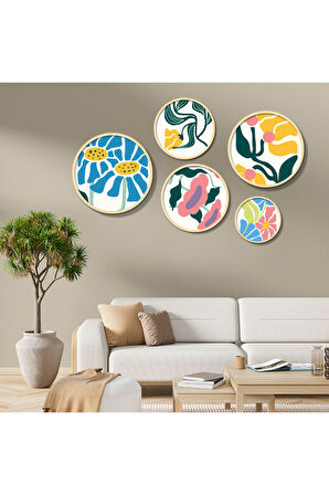 Yuvarlah Ahşap Renkli Soyut Çiçekler Tablo Seti