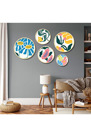 Yuvarlah Ahşap Renkli Soyut Çiçekler Tablo Seti