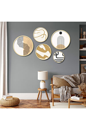 Yuvarlah Ahşap Pastel Tonlarda Soyut Şekiller Tablo Seti