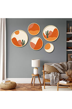 Yuvarlak Ahşap Sıcak Tonlarda Güneş ve Kaktüs Tablo Seti