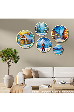 Yuvarlah Ahşap Yağlı Boya Tarzında Kış Teması Tablo Seti
